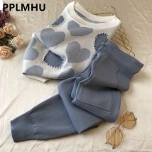 Koreanische Liebe Gedruckt Stricken 2 Stück Set Frauen Kurzarm Perlen Strickwaren T Tops Conjunto 90