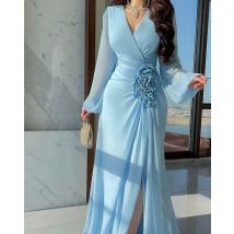 Angepasst Anmutige V-ausschnitt Mit Langen Ärmeln Blumen Abendkleider Temperament Chiffon Falten Vestido De Festa Vestido De