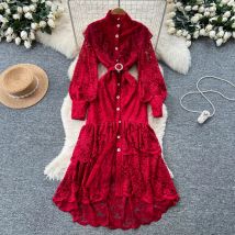 Chic vintage Single Breasted lace long sleeve dress Elegant Fairy korean fashion autumn Party women clothing