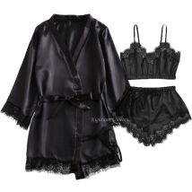 Black Sexy Women's Pajamas Satin 4-piece Lace Silk Suspender Tops Shorts Robe Pajamas Set Nightgown Underwear Nightdress Suit