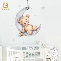 BRUP Decoración de habitación de bebé Oso de dibujos animados Luna durmiente y estrellas Pegatinas de pared interiores para habitación de niños Calcomanías de pared Habitación de niños