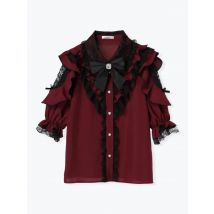 Authentische japanische Noemi-Bluse – dunkles, süßes, schulterfreies Lolita-Oberteil mit Rüschen und Schleife, Spitzen-Glockenärmel-Shirt für Guro Kawaii Fashion