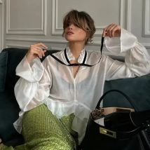 Talenza Sexy lockeres weißes Damenhemd 2024, modisch, Rüschenkragen, Langarmblusen, elegantes, durchsichtiges Oberteil, weibliche Kleidung