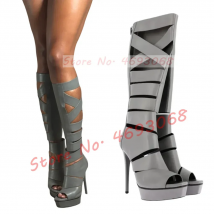 Graue Plattform Gladiator Sandale Stiefel Frauen Kreuz Gürtel High Heel Offene spitze Stiefel Damen Mode Puttee Zurück Zipper Kniehohe Schuh