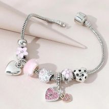 Obega Love Herz Blume Glas Anhänger Charm Armband Klassisch Rosa Weiß Kristall Stein Verstellbares Perlenarmband Silber Gold Farbe