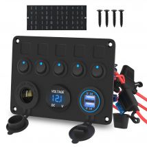 DaierTek 5 Gang Boat Switch Panel Waterproof Car Switch Panel 2.4A Dual USB Port 12V Outlet Digital Voltmeter Blue LED For Auto