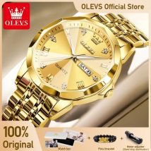 OLEVS Orologi da uomo Orologio da polso al quarzo originale in oro Orologio luminoso impermeabile per uomo Specchio rombo Data Settimana Abito di lusso
