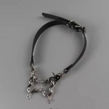 Y2K Trendy Glossy Alloy Bone Star Pendant Necklace for Women Charms Black White Leather Choker Vintage Punk Cool Jewelry Gifts