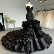 Customized Sexy Black Special Fishtail Wedding Dresses Sweetheart Neck Beaded Sequins Ruffles Layered Trailing Bridal Gowns