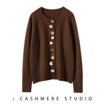 Nowy szykowny damski francuski styl z okrągłym dekoltem kolorowe przyciski sweter 100% dzianina z kaszmiru wiosenny jesienny koreańskie popularne materiał