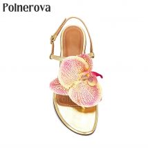 Floral Flip Flops Flat Sandals Vacation Beach Sandals for Women Gold Patent Leather Ankle Buckle Fashion Flat Summer Shoes Sale