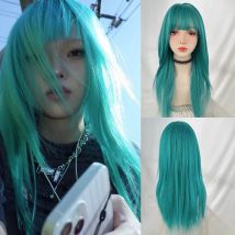 Blaugrüne lange gerade synthetische Damenperücke mit Pony, flauschige Lolita-Cosplay-Perücke, hitzebeständig, für die tägliche Party
