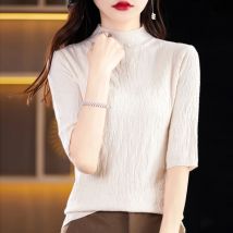 Frauen Pullover Mock Neck Kurzarm Gestrickte Shirts Slim Fit Pullover Streifen Hohe Strecth Herbst Winter Warme Bodenbildung Shirts