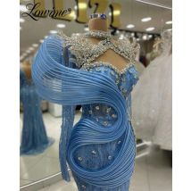 Kristalle blau Ballkleid Aso Ebi Party zweiten Empfang Kleider maßge schneiderte Abendkleider Frauen Langarm Verlobung kleider