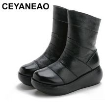 CEYANEAO Echtes Leder Flache Plattform Halbe Stiefel Frauen Schuhe Winter Runde Kappe Vintage Plattform Mid-Kalb Stiefel Frau Zipper