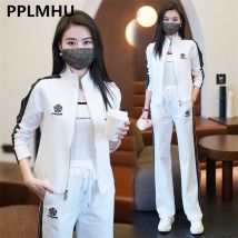 Jogging Trainings anzug 2 Stück Sets Frauen Outfit koreanische lose Seitenst reifen kurzes Sweatshirt lässig weites Bein Hosen Anzug weibliches Ensemble