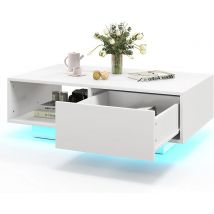 Tavolino da caffè con illuminazione a LED, tavolo da soggiorno lucido con 20 colori chiari, tavolino con cassetto e spazio di archiviazione
