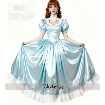 Blue Medieval Evening Dress 2026 Short Sleeve Lace Cosplay Dress Satin Floor Length Prom Dress Simple 18th Century Formal Dress