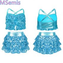 Set da ballo per bambina con paillettes scintillanti, volant a strati, incrocio sul retro, top corto metallico con culotte per costume da spettacolo jazz