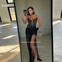 Qunque Sexy Frauen Schwarze Abendkleider Hoher Schlitz Spitze Lange Meerjungfrau Partykleider Spaghettiträger Geburtstagskleid Maßgeschneidert