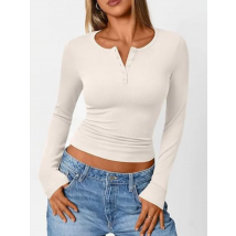 Autumn Fashion Slim Fit Ribbed Basic T-Shirt Sexy Tight Button Decoration Women's Round Neck Versatile Long Sleeved T-Shirt Top