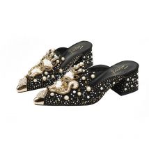 European Summer Shoes for Women Luxury Sandals Hollow Out Pearl Rhinestone Fox Heels Slipper Girl Street Fashion Pumps