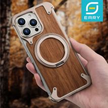 Eary for Magsafe Magnetic Phone Case for iPhone 17 16 15 14 Pro Max Wood Shockproof Protective Cover with 360°Rotate Ring Stand
