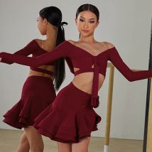 ZYM Abiti da ballo latino Ragazze Maniche lunghe Top corti Gonna a fiori Abito da competizione per prestazioni Abito nero bordeaux Bambini 19550