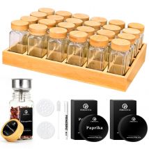 Portaspezie in bambù naturale con 24 barattoli di spezie quadrati in vetro e 180 etichette nere, organizer per spezie per un facile spostamento