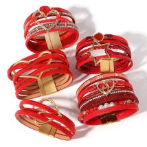 ALLYES Elegantes Herz-Stern-Rot-Lederarmband für Frauen, Boho-Retro, mehrschichtig, breite Armbänder und Armreifen, Muttertagsgeschenke