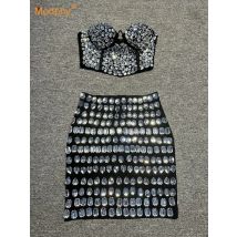 Modphy 2024 neue Damen funkelnden Luxus Kristall rücken frei träger los Crop Top Diamant hoch taillierten Rock Empire Shorts Frauen Set