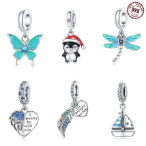 Original Sterling Silber Perlen Anhänger Weihnachten Pinguin Glück Feder blau Segelboot Charm Armband DIY Schmuck herstellung