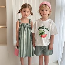Kinder Kleidung 2023 Sommer Neue Baumwolle Streifen Baby Mädchen Hosenträger Kleid Oder Jungen Anzug Bruder Und Schwester Kleidung