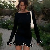 Damenkleid, elegant, Party, Rüschen, Rundhalsausschnitt, lange Ärmel, lässig, schlank, Herbst, Minikleider, Lady Chic, Straße, Schwarz, Weiß