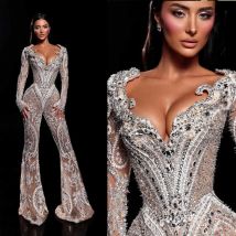 Lussuosi abiti da ballo con scollo a V, maniche lunghe, pizzo, cristallo, abito da sera, pantaloni svasati, tute, abito da festa per celebrità