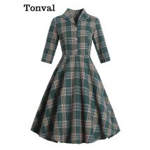 Tonval drehen-unten Kragen Button Up Grün Plaid 2022 Herbst Winter Kleidung Kleider Vintage Robe Frauen Elegante Schaukel Kleid retro