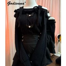 Schulter freie Strick pullover der japanischen Minen serie Herbst-und Wintermädchen-Damen strickwaren in Schwarz und Pink