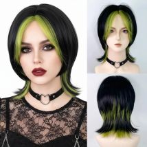 Frauen Cosplay Kurze Gerade Schwarz Grün Highlights Synthetische Männer Perücke Mittelteil Flauschigen Vokuhila Kopf Männer Perücke für Tägliche Party