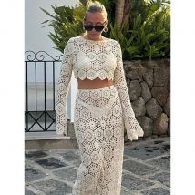 CPSYMYM  Crochet Sexy Women 2 Piece Set Y2K Beach Vacation Style Solid Elegant Crop Tops+Maxi Skirts Matching Clubwear Outfits