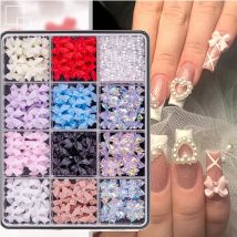 12 siatek/pudełko mieszane żywica Bowknot zawieszki do paznokci 3D kolorowa kokardka Kawaii Rhinestone ozdoby do paznokci DIY części do Manicure Pen Tweeze