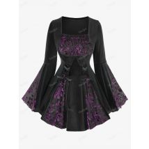 ROSEGAL Plus Size Gothic Floral Beflockung Schnürung Geraffte Patchwork Bluse Damen Frühling Herbst Winter Square Neck Outdoor T-Shirts