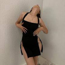 Y2k schwarz Spaghetti träger Mini Robe Kleid Frauen rücken frei sexy Party Oberschenkel Schlitz schlanke Hosenträger Röcke 2024 Sommer Abendkleider