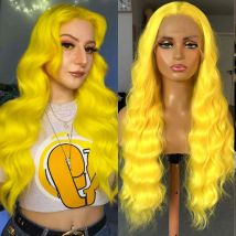Zitronengelbe Perücke, lange gewellte natürliche lockige synthetische Lace-Front-Perücke, freie Party, tiefe Welle, farbige 13 x 4 Frontal-Perücken für Frauen, Party