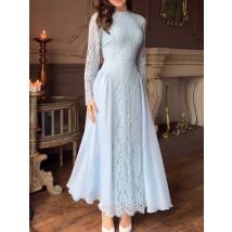 Vintage Elegant Lace Spliced Banquet Dress Leisure O-neck Long Sleeve Big Hem Dress Lady Color Blocked Pleated High Waist Dress
