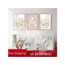 Pink Wildflowers Girls Names Custom Posters Bohemian Flowers Baby Bedroom Wall Art Canvas Painting Nursery Children Room Decor