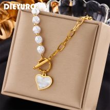 DIEYURO 316L Edelstahl Perle Herz Anhänger Halskette Für Frauen Mode Rostfrei T Schnalle Kette Mädchen Schmuck Hochzeit Geschenk