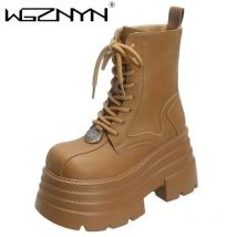 10CM Frauen Hohe Plattform Motorrad Stiefel Gothic Leder Punk Boot Winter Warme Pelz Schnee Schuhe Mid-kalb Kurze Kampf botas Mujer