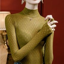 # 4337 Schwarz Gelb Dünne Durchsichtig T Shirt Frauen Dünne Sexy Haut Mesh T-shirt Weibliche Rollkragen Plaid T Diamanten Frühling 2024