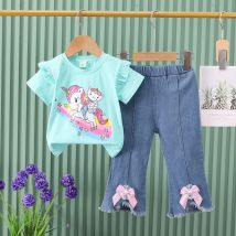 Kinder Sommer Koreanische Ausgabe Set Mädchen Cartoon Einhorn Gedruckt Kurzarm T-shirt Cowboy Hosen Set 0-5 Jahre