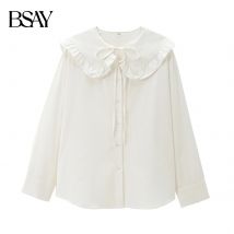 BSAY Frauen Mode Frühling Herbst Langarm Einreiher Spitze Up Puppe Kragen Bluse Straße Kleidung Hemd Chic Damen Top